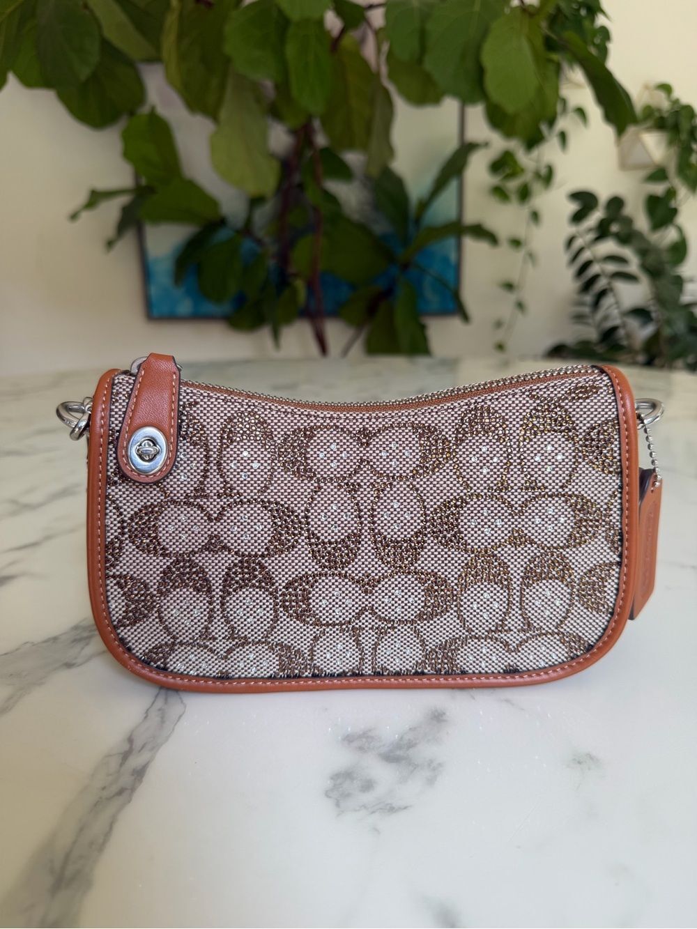 Coach Swinger Bag 20 With Chain In Crystal Signature Jacquard CW668 w/Crossbody